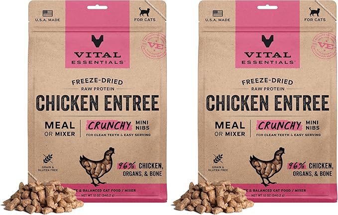 Vital Essentials Freeze Dried Cat Food, Raw Chicken Crunchy Nibs Complete Meal or Mixer High Protein, Low Carb, Grain Free, Dry Cat Food 12 oz , (Pack of 2)