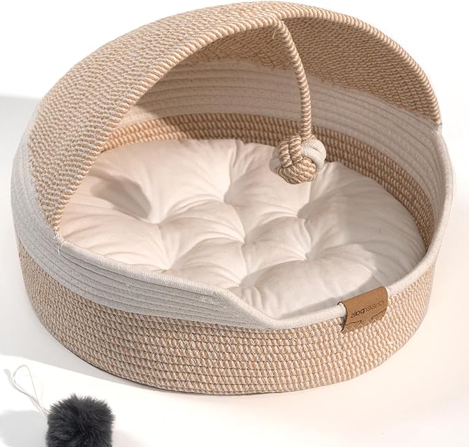 CHEERPALS Cat Basket Bed for Indoor Cats, Covered Pet Bed with Washable Cushion and Ball Rope Cotton Bed for Medium and Large Cat, All Season Universal(White)