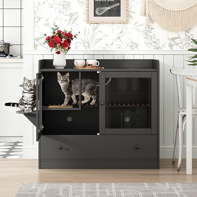 Extra Large Cat Litter Box Enclosure Furniture Hidden, Cat Condo Cabinet Pet House with Stairs for 2, Nightstand Side Table witha Large Drawer for Living Room, Black