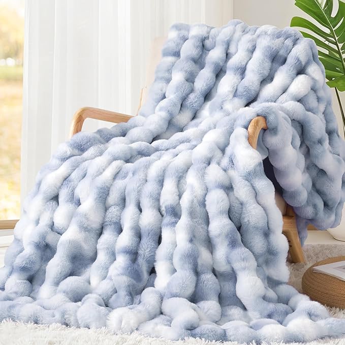 Touchat Luxury 1000GSM Faux Rabbit Fur Throw Blanket, Super Heavy Warm Cozy Grey Blankets for Couch Bed Sofa, Ruched Plush Fuzzy Elegant Soft Reversible Mink Blanket for Living Room Bedroom