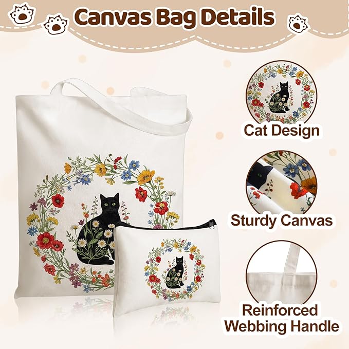 Hsei 5 Pcs Black Cat Lover Gifts Set for Women Include Canvas Tote Bag Cosmetic Bag Crochet Cat and Acrylic Keychain for Black Kitten Lovers Mother's Day Birthday Party Gifts