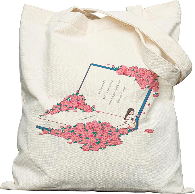 DYALE Canvas Tote Bag Double-Sided Prints with Snap Closure, Cute Tote Bag with Pocket for Shopping, Library, Work, Travel