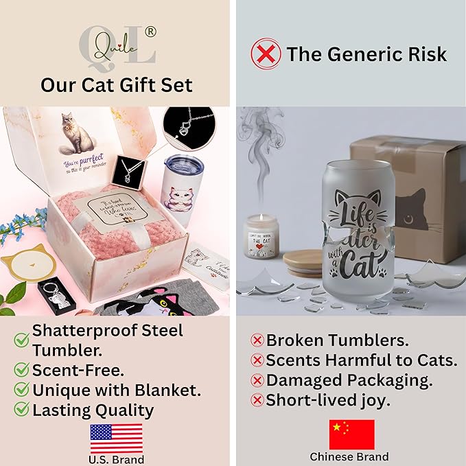 Luxury Cat Gifts for Cat Lovers, 8pc Feline Set with Premium Blanket & Shatterproof Steel Tumbler, Feline Mom Gifts Box, Cats Themed Gifts for Women, Cats Lady Gift for Birthday & Mother's Day