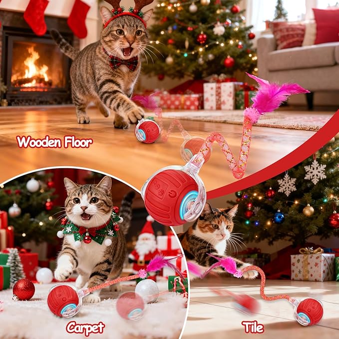 Interactive Cat Toy Ball - Christmas Cat Toys for Indoor Cats with Feather Tails for Chasing, Moving Stimulation Smart Cat Toy for Enrichment, Motion Activated Automatic Rolling Toys to Keep Them Busy