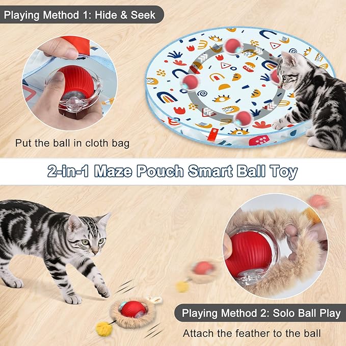 Interactive Cat Toys, Hide and Seek Cat Enrichment Toys for Indoor Cats, Automatic Cat Toy Fast Rolling Ball in Play Mat for Bored Indoor Adult Cats & 2PCS Hanging Feather Toy (28 Inch)