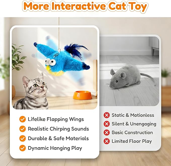 Flying Bird Cat Toys - Interactive Simulated Chirping & Flapping Wings, Realistic Flappy Chase with Catnip, Viral USB Rechargeable Motion-Activated Toy for Indoor Cats