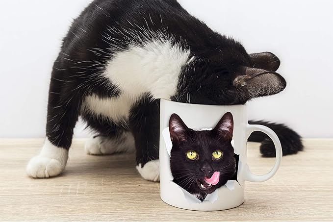 Winston & Bear Thirsty Black Cat Coffee Mug - Funny Ceramic Coffee Mug Gift for Cat Lovers - Cute Novelty Cup for Men and Women (15oz)