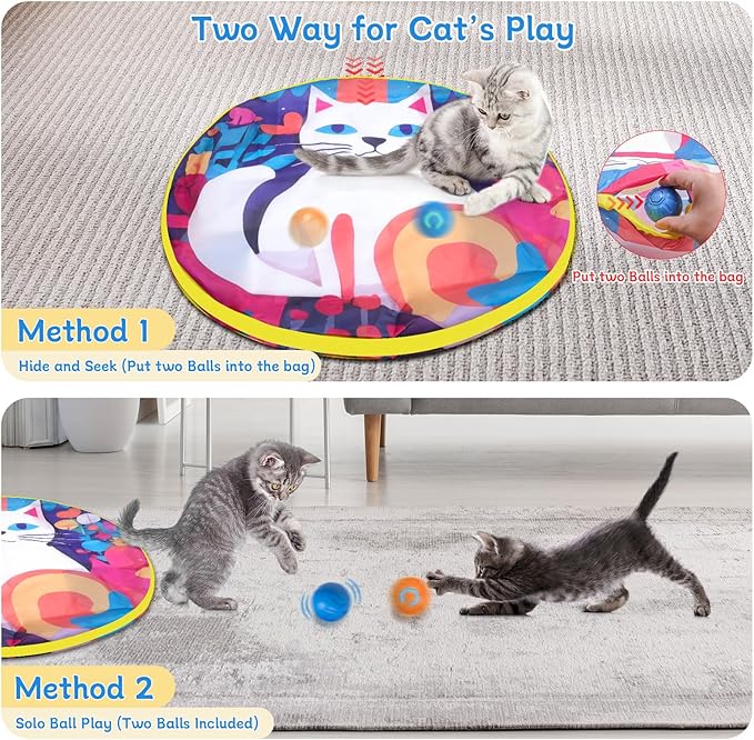 Interactive Cat Toys with 2 Fast Rolling Ball in Mat, Chirping & Motion Activated Automatic Cat Toy, Hide and Seek Games for Indoor Cats/Kitty/Kittens