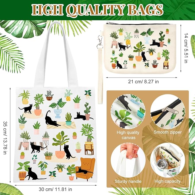 Dansydaisy 3 Pcs Plant Lover Gifts for Women Black Cat Canvas Tote Bag with Zipper Pockets Aesthetic Reusable Canvas Tote Bag for Black Cat Lovers Teacher Back to School Gifts Birthday