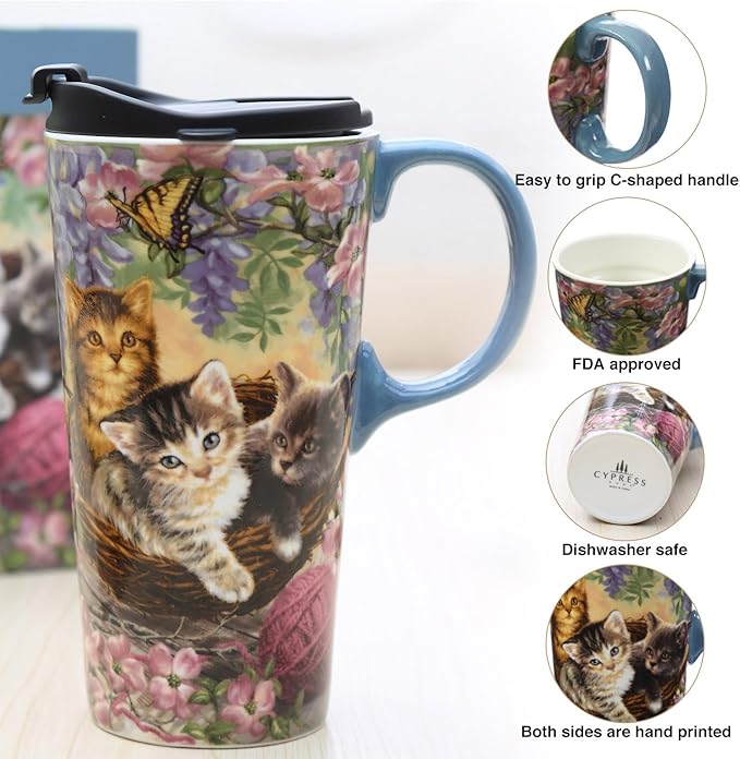 CEDAR HOME Travel Coffee Ceramic Mug Porcelain Latte Tea Cup With Lid 17oz. Flower and Cat