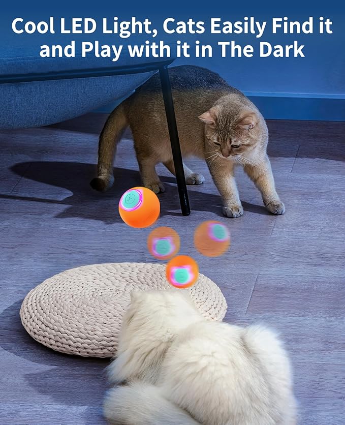 ROJECO Intelligent Interactive Cat Toys Ball with 3 Interactive Modes & LED Lights,Automatic Cat Moving Rolling Ball for Indoor Cats Kitten,Smart Cats Toy for Pet Birthday Gift (Orange)