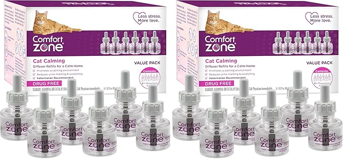 COMFORT ZONE Cat Calming Diffuser Refill, 12 Pack – Cat Calming Pheromone Refills Help Reduce Anxiety, Stress, Scratching, Urine Marking, Aggression, (30-Day Refills, 180-Day Supply)