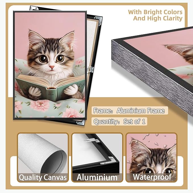 Trendy Cat Reading In Bed Canvas Wall Art Funny Pink Flower Animal Poster Funky Cat Lovers Monet Minimalist Prints Painting For Home Bedroom Kids Room Dorm Wall Decor 16x24in Framed