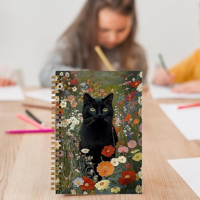 Vintage Moody Floral Black Cat Notebook, Cottagecore Wildflower Black Kitty Journal for Writing, Witchy Cat Office Supplies, Spiral Notebook 5.5x8.3 Inch