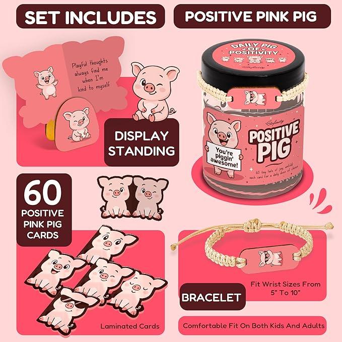 Stofinity Positive Pig Jar With 60 Affirmation Cards - Cute Pig Gifts For Women - Funny Christmas Birthday Gifts For Women Sister Friend Coworkers Adult - Motivational Desk Accessories