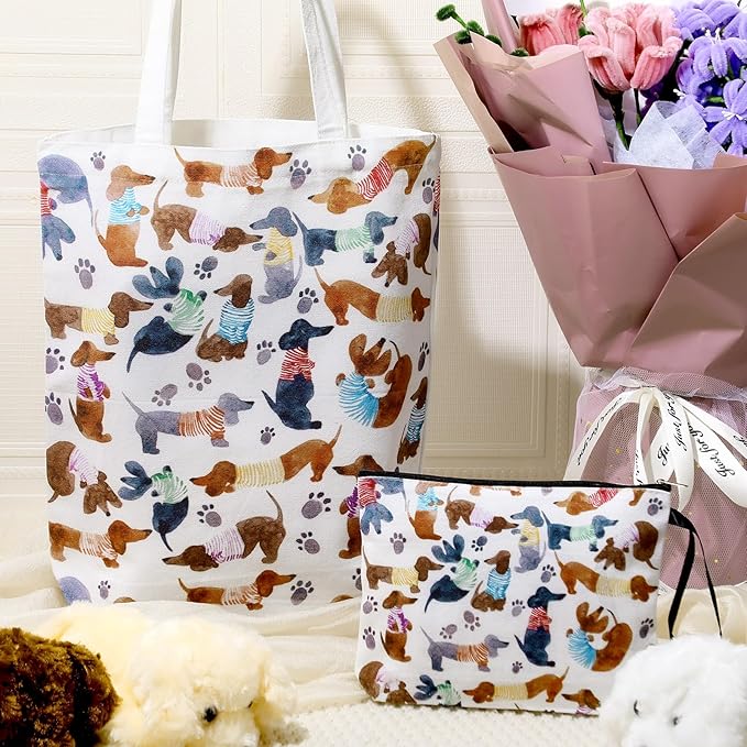 Sieral 2 Pcs Animal Lover Bag Graduation Gift for Women Travel Canvas Tote Portable Zipper Pouch Canvas Reusable Grocery Tote