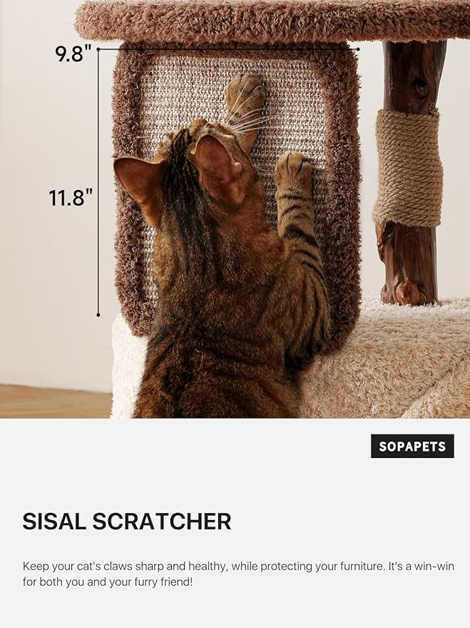 Modern Cat Tree for Large Cats, 40 Inch Solid Wood Cat Tower & Luxury Condo for Indoor Cats Adult, Heavy-Duty Cat Tree for Maine Coon, Stable Multi-Level Scratching Post, Cozy Perch & Hideaway, Brown
