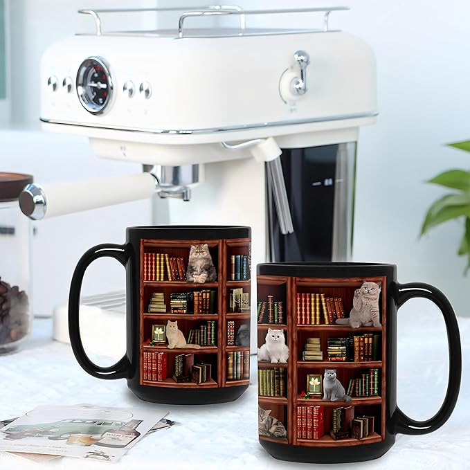 Cat Book Mugs - Coffee Mugs Lovers Gifts for Readers - Best Gift for Cat Lover - Reading Writer Women Tea Cups Library Bookshelf Mug 15oz - Black Chapter Book Mug(15oz-bookshelf)
