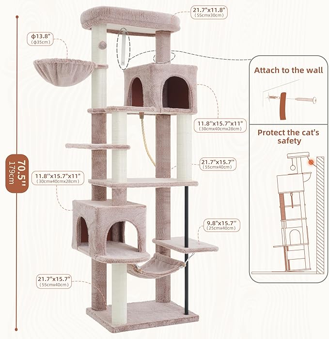 Gitelsnour Cat Tree for Indoor Cats Large Adult, 70.5'' Cat Tower with Scratching Post, Sturdy Steel Pube Cat Tree Tower with Large Playing Platfrom, Hammock and Basket, Top Perch, Mushroom GCT024MU