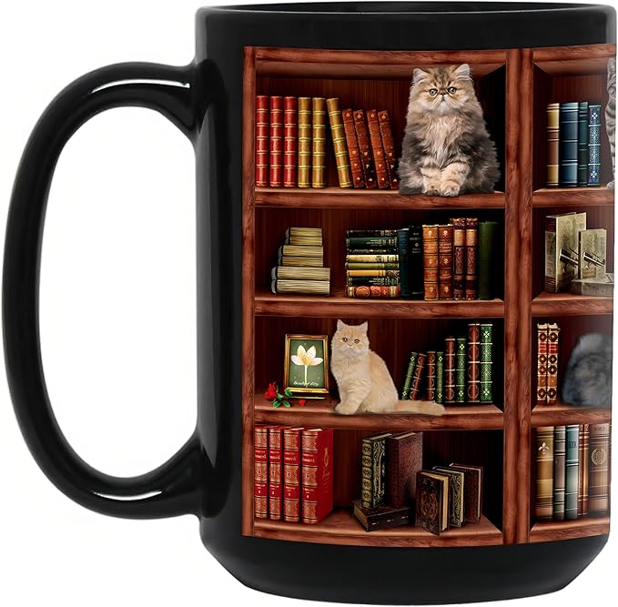 Cat Book Mugs - Coffee Mugs Lovers Gifts for Readers - Best Gift for Cat Lover - Reading Writer Women Tea Cups Library Bookshelf Mug 15oz - Black Chapter Book Mug(15oz-bookshelf)