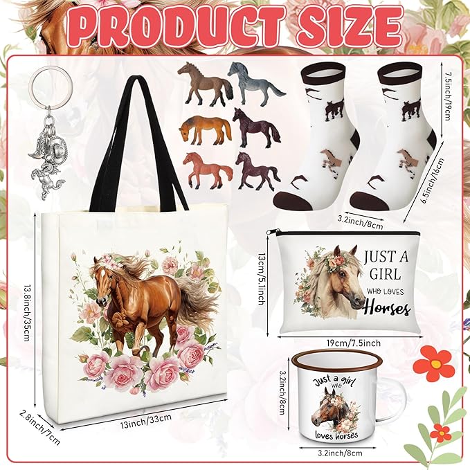 Horse Lover Gifts for Women Birthday Gifts Baskets Set Include Canvas Tote Bag, Makeup Bag, Socks, Keychain, Enamel Mug, Small Figurines for Mom, Wife, Sister, Friend