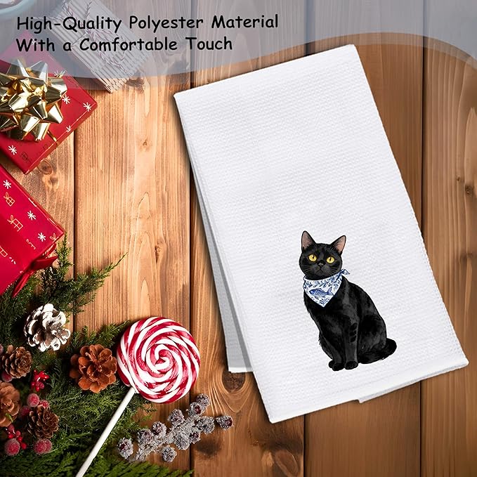 Black Cat Kitchen Towels, Black Cat Gifts Dish Tea Towels for Kitchen Decor, Blue and White Chinoiserie Bandana Kitty Kitten Decorative Hand Towel Bathroom Yoga Spa Decor, 16x24 Inch