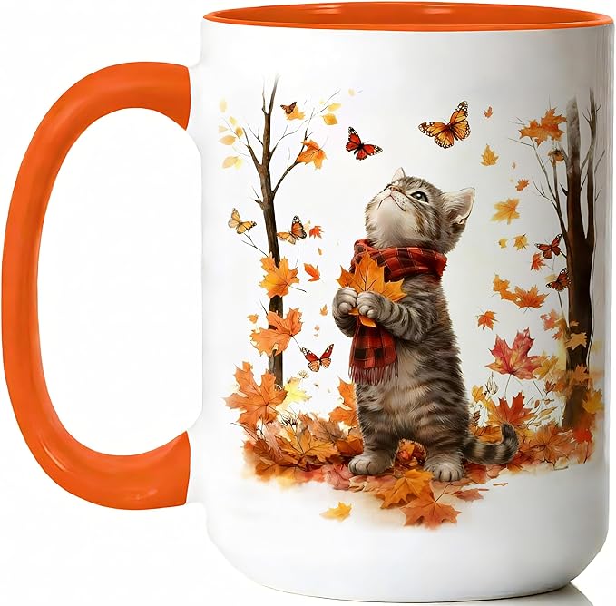 Cute Cat Coffee Mug for Cat Lovers, Fall Maple Leaf Kitten Mug, 15oz White Large Ceramic Tea Cup with Orange Handle, Ideal for Hot & Cold Drinks, Fun Novelty Gift for Women and Coworkers