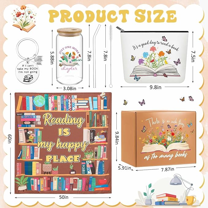 Paterr 6 Pcs Book Lover Gifts for Women, Mother's Day Book Club Gifts for Bookish, Canvas Tote Bag Makeup Bag Print Blanket Socks 16oz Glass Coffee Cup with Straw Cute Keychain for Librarian Birthday