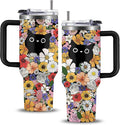 Cat Lover Gifts, Flower Bushes and Black Cats Tumbler 40Oz, Christmas Birthday Gift for Cats Lovers Women Cup Vintage Flowers Aesthetic Cute Cat Themed Stuff Funny Coffee Cup