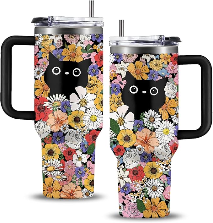 Cat Lover Gifts, Flower Bushes and Black Cats Tumbler 40Oz, Christmas Birthday Gift for Cats Lovers Women Cup Vintage Flowers Aesthetic Cute Cat Themed Stuff Funny Coffee Cup