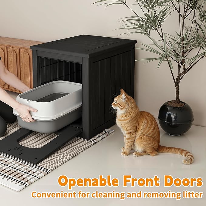 Cat Litter Box Enclosure, Multi-Functional Hidden Cat Litter Box Furniture & Cat Box Enclosure Cabinet with Side Table Design, Openable Front Door & Raised Floor, Easy to Clean & Assemble, Black