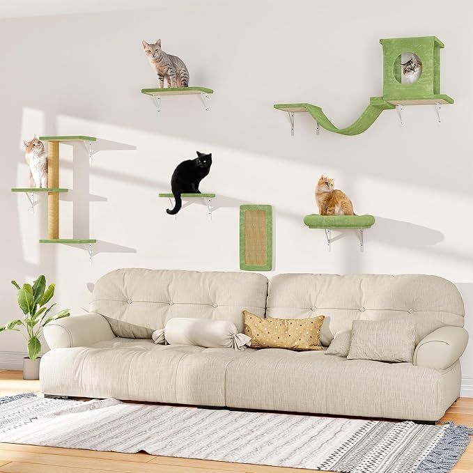 6-in-1 Cat Wall Shelves, Wall Mounted Cat Climber with Condo House, Scratching Post, Bridge Ladder, Space-Saving Indoor Play Furniture for Kittens, Green