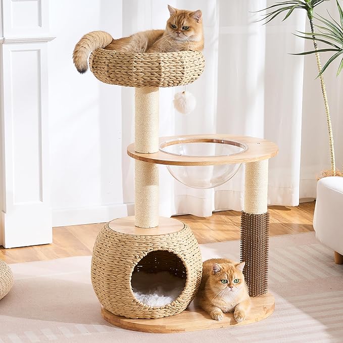 38" Modern Cat Tree Tower for Indoor Cats, Solid Wood Cat Furniture with Handwoven Rattan Basket Bed & Cave, Capsule Nest, Sisal Scratching Posts and Self-Groomer, Space-Saving Cat Condo