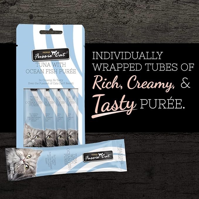 Fussie Cat Tuna with Ocean Fish Puree, lickable cat Treats, 0.5oz Pouch Pack of 4