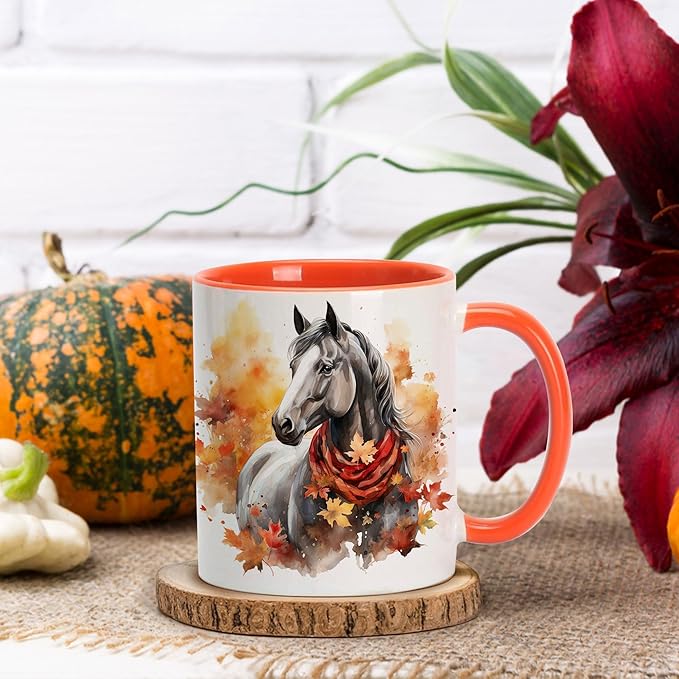 Hyturtle Fall Horse Coffee Mug - Birthday Gifts For Horse Lovers - Fall Autumn Decor Gifts For Farmhouse Thanksgiving - Horses Gift For Women - 11oz Two Tone Orange/White Ceramic Coffee Tea Mug Cup