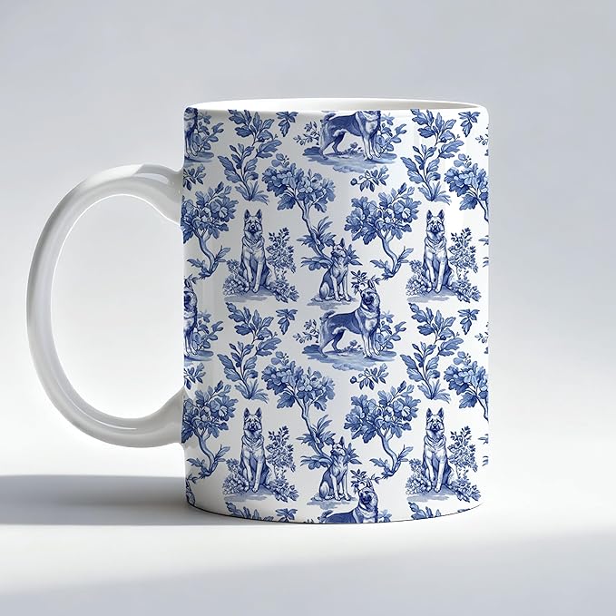 Chinoiserie German Shepherd Mug, German Shepherd Gifts Coffee Cup, Dog Lover Gifts for Women Men, Blue and White Toile Dog Ceramic Coffee Mug 11 oz