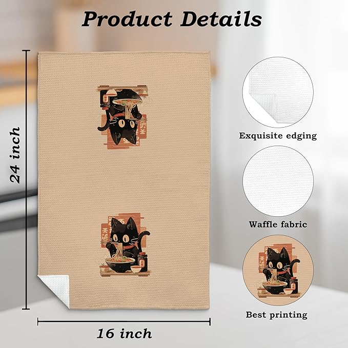 Funny Black Cat Kitchen Towels Set of 2, Sushi Cat Lover Gifts Dish Towels, Japanese Ramen Noodles Sushi Black Kitty Decorative Hand Towels 16x24 Inch