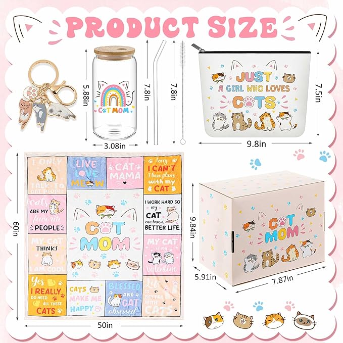 Paterr 6 Pcs Cat Mom Cat Lover Gifts for Women Christmas Canvas Tote Bag Makeup Bag Print Blanket Socks 16oz Glass Coffee Cup with Straw Cute Keychain for Mother's Day Birthday Girls Daughters Sister