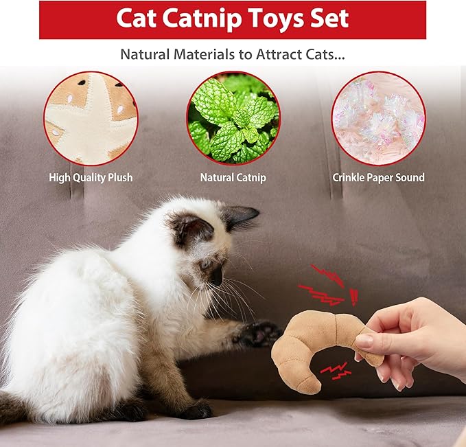 Gigwi Catnip Toys for Cats, Interactive Plush Kicker Toys Set Bread Design, Crinkle Pet Toys for Enrichment with Refillable Catnip, Safe Material Kitten Teething Toys for Chewing, 6 Pack