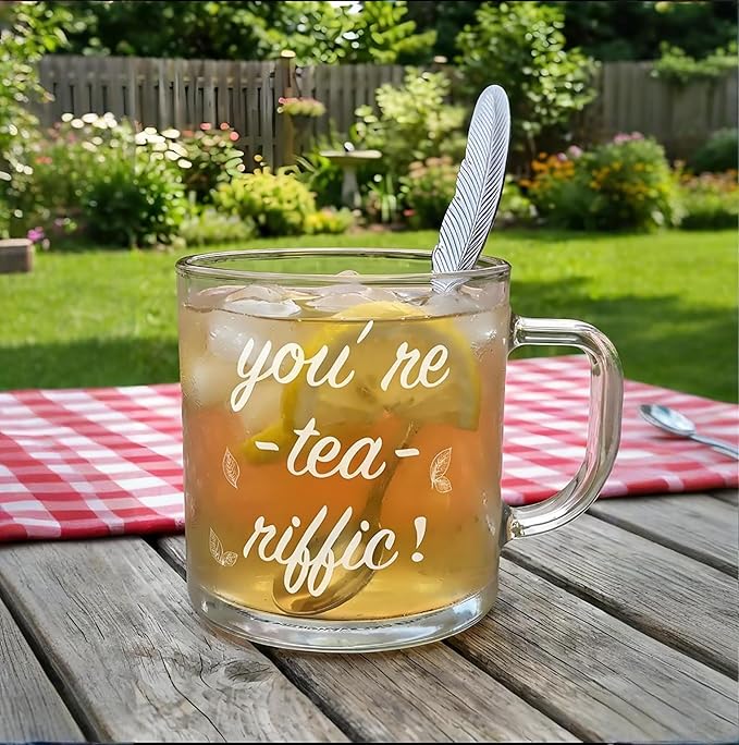 Ribbed Glass Mug Gift Set “You’re Tea‑riffic” Clear Glass Cup with Printed Slogan, Includes English Breakfast Tea & Teaspoon, Gift Boxed — Office Gift, Teacher Gift, Coffee & Tea Lovers