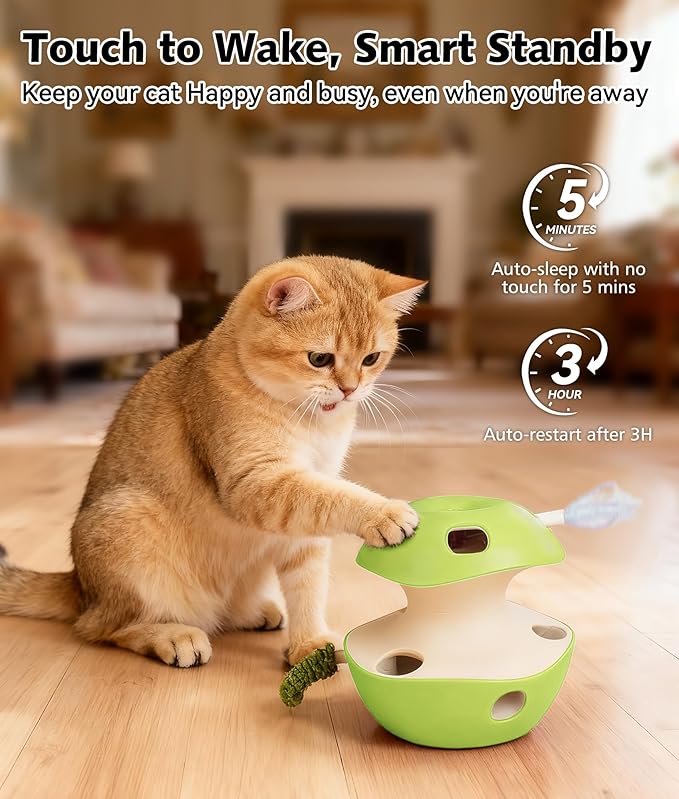 Joytale Interactive Cat Toy for Bored Indoor Cats, Automatic 10-Hole Whack A Mole Apple Toy, 2-in-1 Electric Motion Sensor Toy with Teaser Wand, USB Rechargeable, Boredom Relief, Green