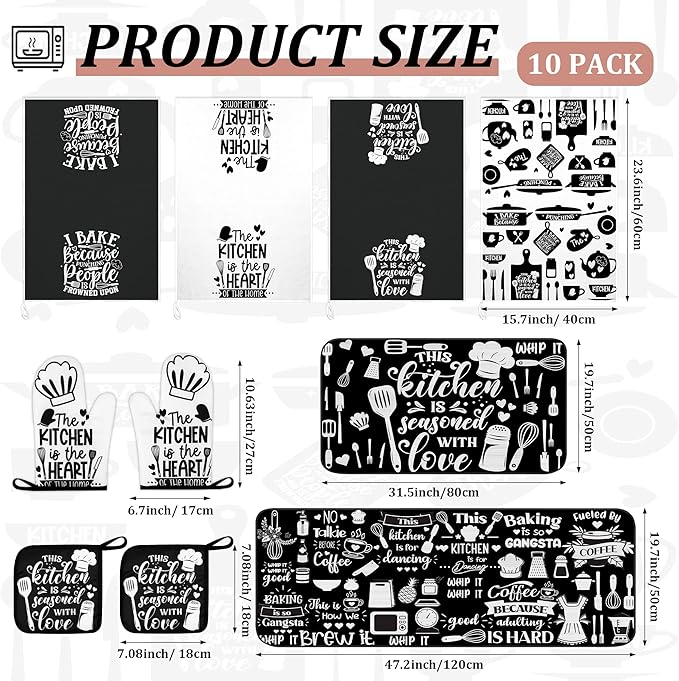 10 PCS Farmhouse Kitchen Decor Sets 4 Black White Kitchen Dish Towels 2 Oven Mitts 2 Pot Holders 2 Rugs Mats Rustic Decorations Accessories for Cooking Baking Bathroom Home Housewarming Camp Mom Gift