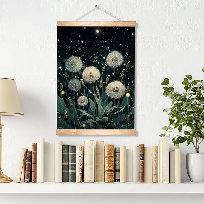 HEYJEEPER Dreamy Dandelion Wall Art, Night Botanical Firefly Linen Poster, Whimsical Nature Aesthetic Artwork Wall Hanging Decor for Living Room or Meditation Space,Calm Home Decor Gift 14x18inch (Dandelion)