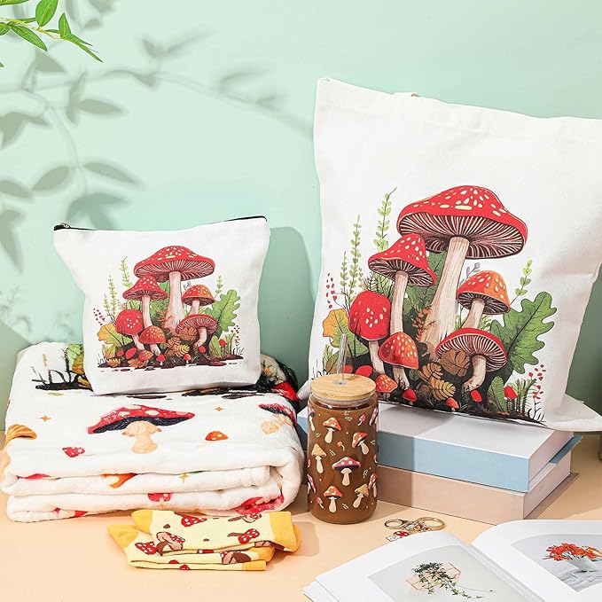 Paterr 6 Pcs Mushroom Themed Gifts for Women Christmas Canvas Tote Bag Makeup Bag Print Blanket Socks 16oz Glass Coffee Cup with Straw Cute Keychain for Christmas Birthday Girls Daughters Sister