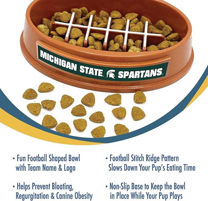 NCAA Super-Bowl - Michigan State Spartans Slow Feeder Dog Bowl. Football Design Slow Feeding Cat Bowl for Healthy Digestion. Non-Slip Pet Bowl for Large & Small Dogs & Cats
