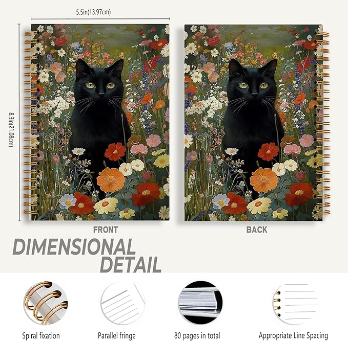 Vintage Moody Floral Black Cat Notebook, Cottagecore Wildflower Black Kitty Journal for Writing, Witchy Cat Office Supplies, Spiral Notebook 5.5x8.3 Inch