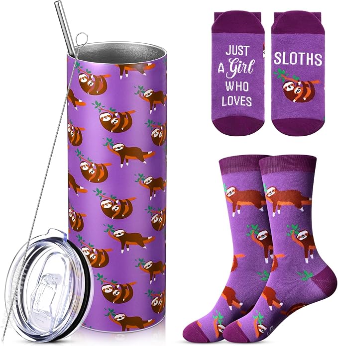 Funnymoom 2 Pack Sloth Gifts Set Skinny Tumbler 20 oz Travel Coffee Mug Novelty Socks Cute Animals Socks, Christmas Birthday Gifts for Sloth Themed Party Favors
