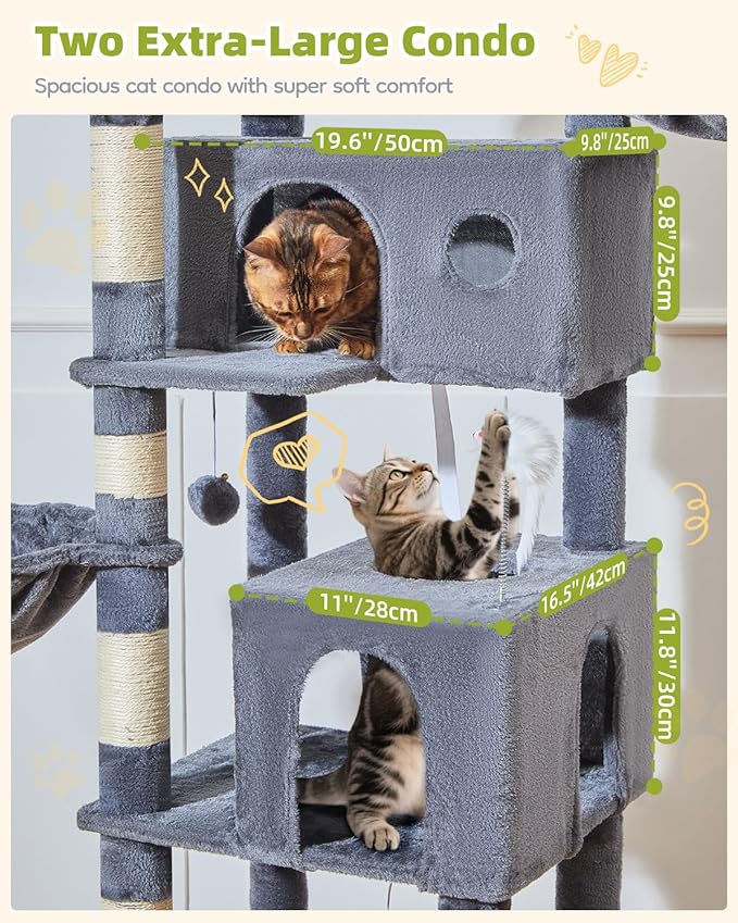 Taoqimiao Cat Tree Tower, 76-Inch Sturdy Cat Tree for Indoor Cats Large Adult Cat Tower with Scratching Posts，2 Condos, 2 Perches, 2 Large Hanging Baskets, Soft Hammock, MS046G Smoke Gray