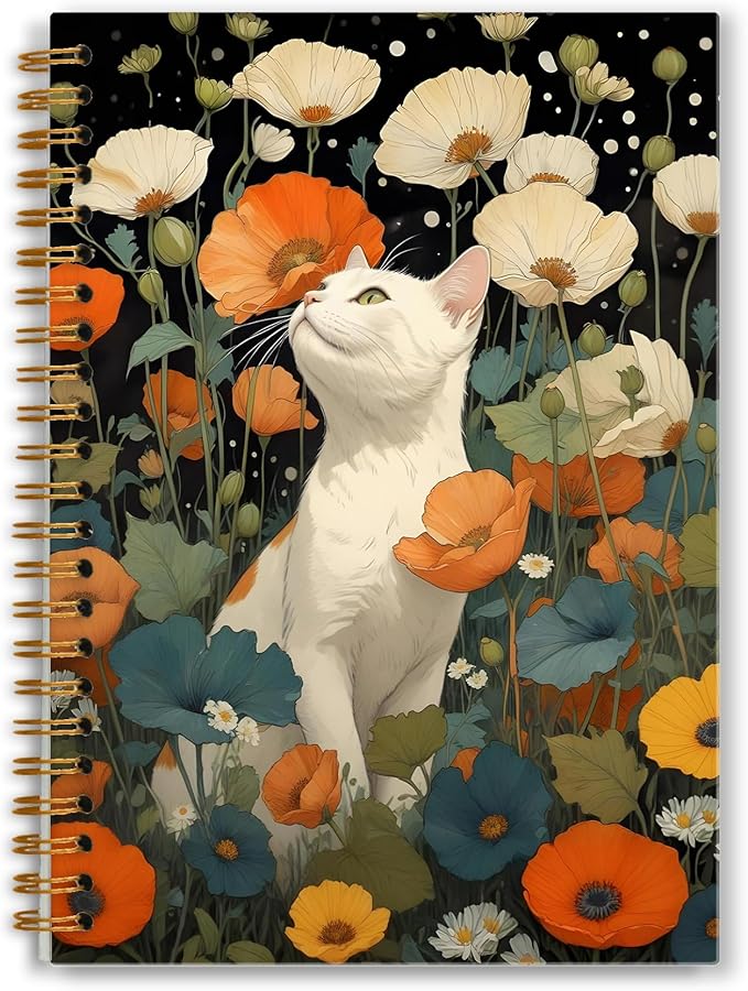 Vintage Floral Cat Notebook, Colorful Cottagecore Wildflower Botanical White Cat Journal for Writing, Cats Mom Lovers Gifts for Women, Spiral Notebook 5.5x8.3 Inch