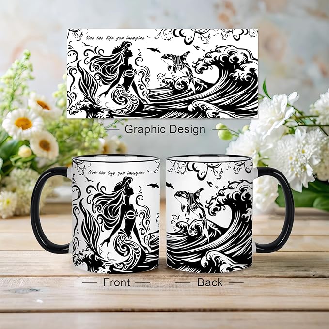 Mermaid Coffee Mug 11 Oz Mothers Day Birthday Gifts for Women, Black and White Mugs, Birthday Gift for Women Friendship, Mermaid Coffee Cup Adult Gifts for Friends, Mom, Grandma